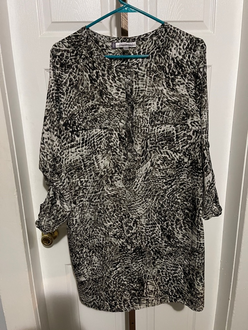 Jennifer Lopez Black and White Animal-Print Long Sleeve Dress